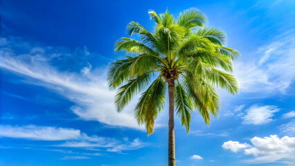 Tall palm tree standing against a bright blue sky with lush green leaves , tropical, paradise, nature, exotic, vacation