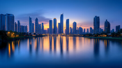 Fototapeta premium A picturesque view of a modern city skyline reflected in a calm lake at sunset.