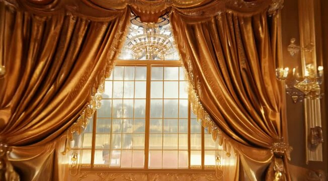Luxurious Gilded Palace Ballroom with Drapes and a Grand Chandelier
