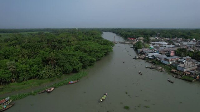 Aerial view of the weekly floating market, Barisal Division, Harta, Bangladesh