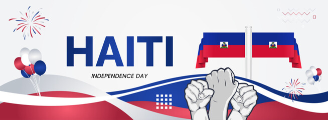 Haiti Independence Day background with raised fist and abstract shapes in flag colors, blue and maroon. Modern design for Haiti national holiday greeting cards, horizontal posters and sporting events