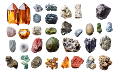 Essential chemical minerals on transparent background, png	