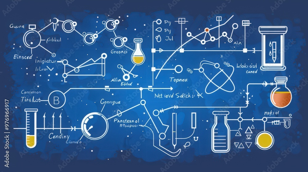 Poster blueprint of a flowchart illustrating the steps of the scientific method, from problem identificatio