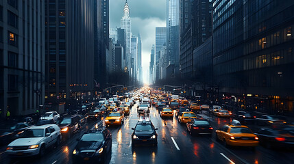 Obraz premium A rainy day in New York City with traffic congestion on a busy street with tall skyscrapers and a cloudy sky.