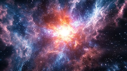 Fototapeta premium A bright white light shines from the center of a cosmic nebula, surrounded by swirling colors and dust.