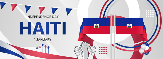 Fototapeta premium Haiti Independence Day background with raised fist and abstract shapes in flag colors, blue and maroon. Modern design for Haiti national holiday greeting cards, horizontal posters and sporting events