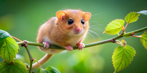 Little hazel dormouse climbing twigs in the natural environment , nature, wildlife, cute, furry, small
