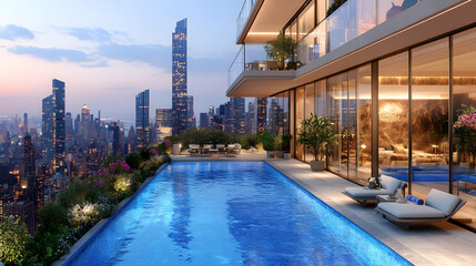 A rooftop infinity pool with city skyline views at sunset.