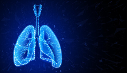 Illustration of two human lungs in a modern style using geometric shapes connected to form the shape of human lungs on a dark blue background.