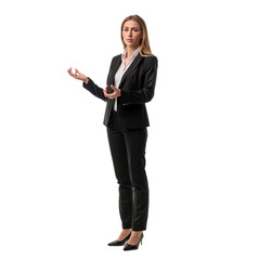 Businesswoman standing and gesturing with hands while giving a presentation