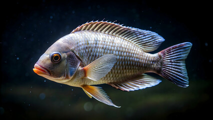 Tilapia fish in tank isolated on black background, selective focus, tilapia, fish, tank, isolated, black background