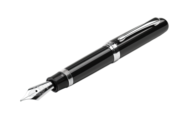 Elegant black fountain pen on transparent background, png	