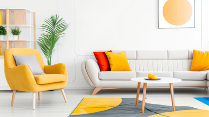 Living room furniture with modern decor and stylish design in bright colors and contemporary style
