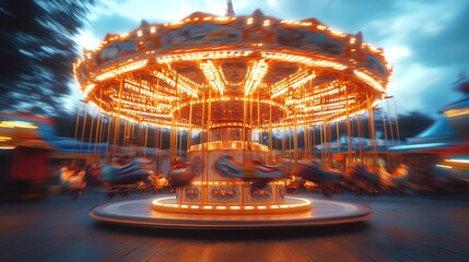 A carousel lit up at night with a blurred background.