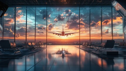 Airplane Landing at Sunset
