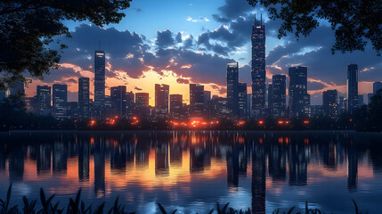 A scenic sunset cityscape with the reflection of the city skyline mirrored in the water, framed by foliage.