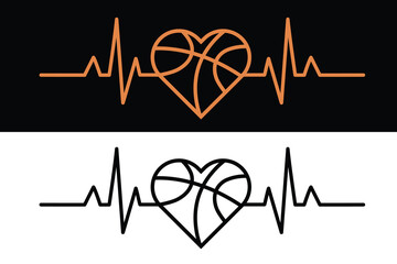 Basketball With Pulse, Heart Beat, Basketball Lover, Vector, Basketball Love Vector, vector, Basketball ball, Racket, silhouette, Sports silhouette