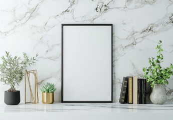 Mockup 3D rendering of a black frame leaning against a white shelf with plants and decorations in a bright interior