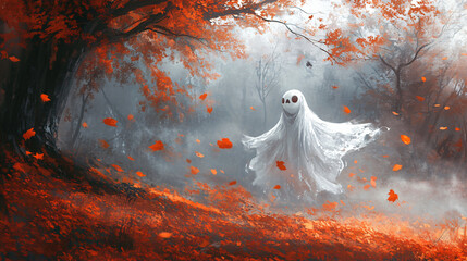A ghost with a playful expression, interacting with floating autumn leaves in a misty, abandoned park.