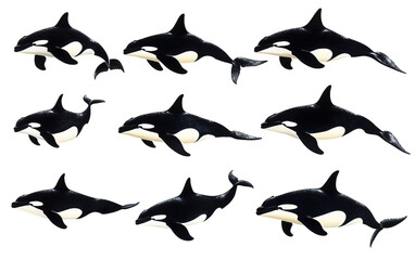 Obraz premium Eight killer whales swimming on transparent background, png 