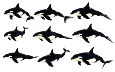 Eight killer whales swimming on transparent background, png	