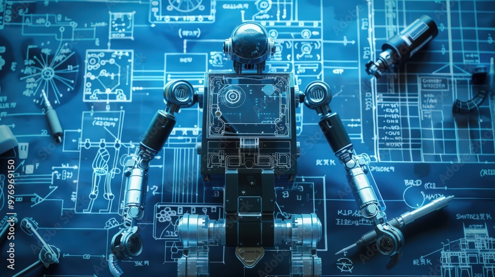 Poster blueprint of a robotics experiment, highlighting the assembly and programming of robotic components 