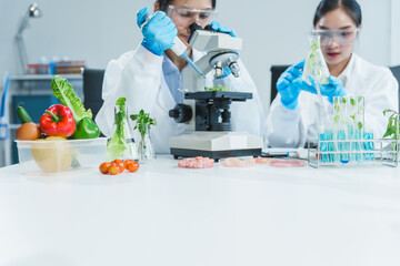 Two Asian women in a lab work on food research, using a microscope, petri dish, and test tubes...