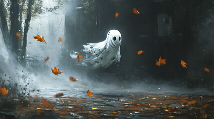 A ghost with a playful expression, interacting with floating autumn leaves in a misty, abandoned park.