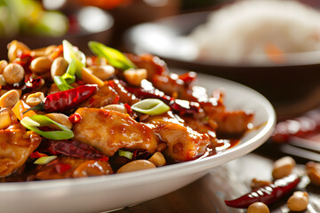 Close-up of Kung Pao chicken with glossy sauce, roasted peanuts, and chili peppers served on a rustic plate