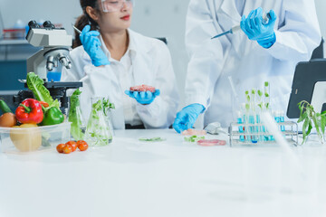 Two Asian women in a lab work on food research, using a microscope, petri dish, and test tubes...