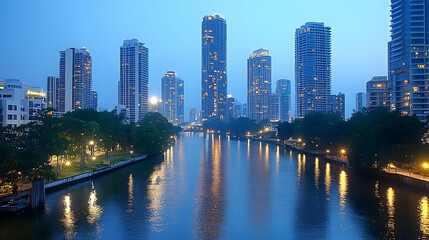 Obraz premium A serene river flows through a modern city, with tall buildings reflected in the calm water, illuminated by the soft glow of streetlights at dusk.
