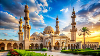 A breathtakingly beautiful mosque with intricate Islamic architecture and stunning minarets, Islamic, mosque