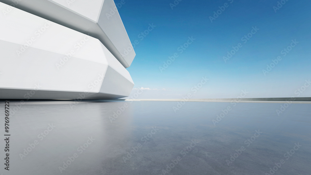 Poster 3d render of abstract modern concrete architecture with empty cement floor, minimal exterior, car pr