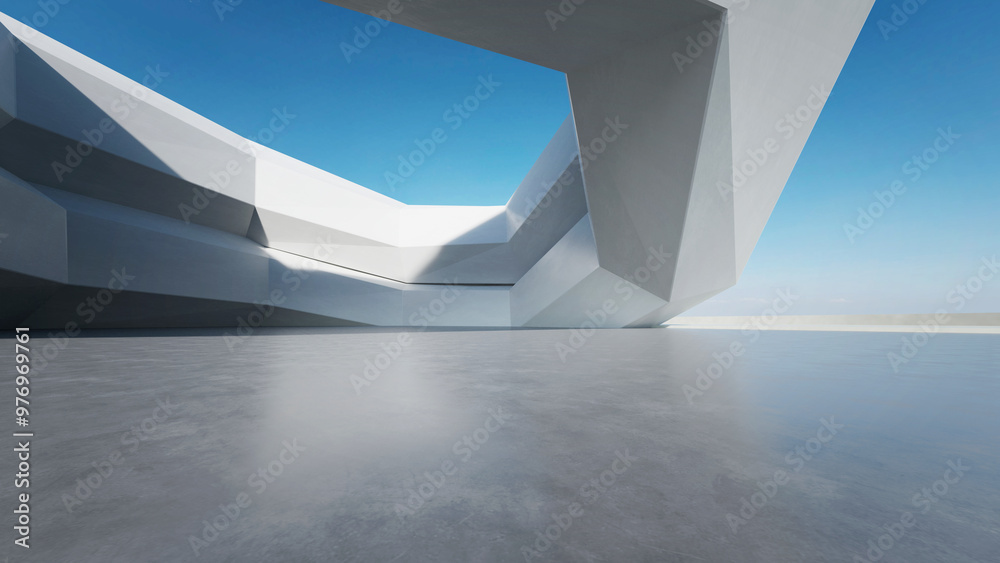 Poster 3d render of abstract modern concrete architecture with empty cement floor, minimal exterior, car pr
