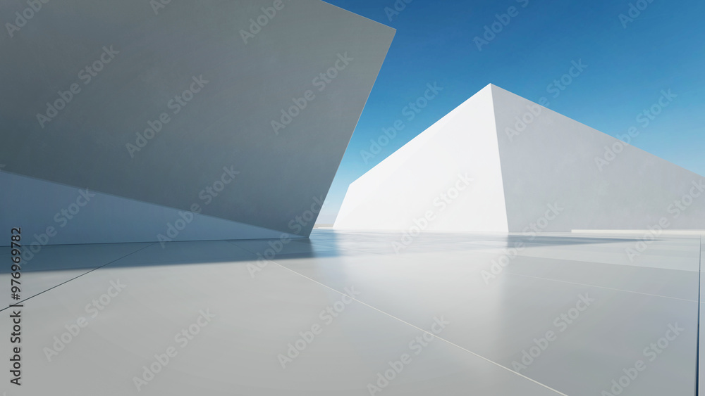 Poster 3d render of abstract modern concrete architecture with empty cement floor, minimal exterior, car pr