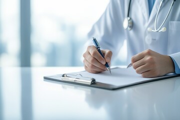 Obraz premium A healthcare professional writes notes, showcasing a stethoscope and a focus on patient care in a professional setting.