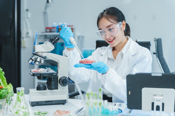 Two Asian women in a lab work on food research, using a microscope, petri dish, and test tubes...