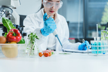 Two Asian women in a lab work on food research, using a microscope, petri dish, and test tubes filled with chemical solutions. They study vegetables, pork, and plants for GMO traits and nutrition.