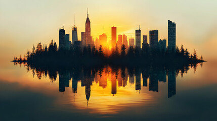 Fototapeta premium A silhouette of a city skyline at sunrise, reflected in the water.