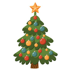 Christmas tree with many decorations and a star on top. The illustration is festive and joyful. Vector