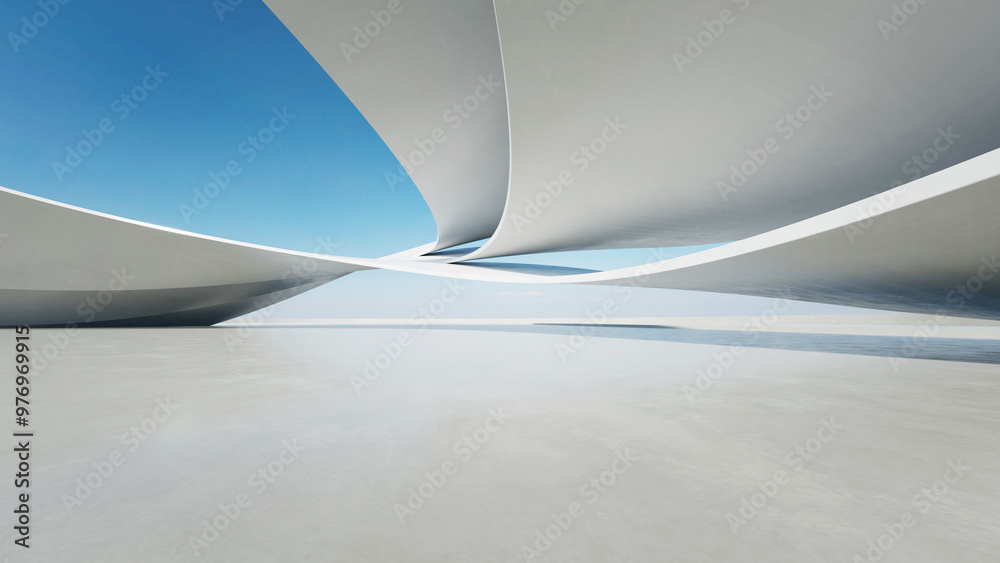 Fototapete 3d render of abstract curve structure futuristic architecture with empty concrete floor
