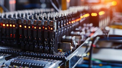 An overview of a modern battery production facility, showcasing the intricate processes involved in manufacturing lithium-ion batteries. This scene highlights robotic arms, assembly lines, 