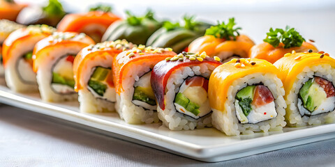 A close-up photo of assorted sushi rolls on a white plate , Japanese cuisine, raw fish, maki rolls, nigiri, sashimi