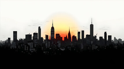 Obraz premium A silhouette of a city skyline with a setting sun in the background.
