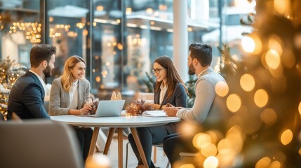 Group of professionals in a meeting with festive decorations, blurred Christmas lights foreground.
