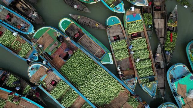 Aerial view of the weekly floating market, Barisal Division, Harta, Bangladesh