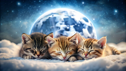 Adorable kittens peacefully sleeping under a bright moon , Harmony, kittens, moon, night, peaceful, cute, sleep, animals