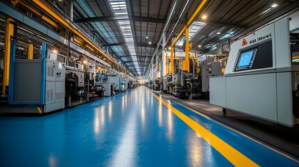 Industrial Factory Floor with Machinery and Yellow Lines