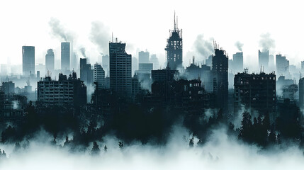 A silhouette of a city skyline, shrouded in smoke and fog, suggesting a post-apocalyptic world.