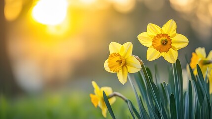 Obraz premium A stunning display of beautiful daffodil flowers adorned with sun spikes, capturing the essence of springtime vibrancy. This illustration highlights the bright yellow blooms and their unique features,